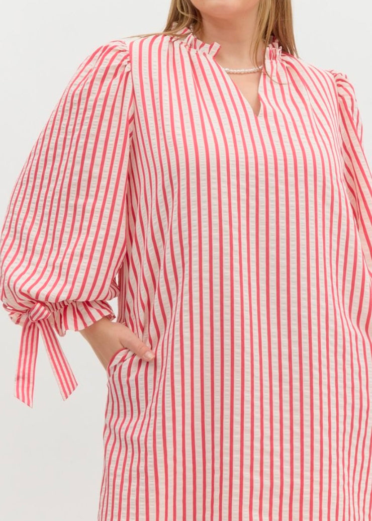 Plus Striped Textured 3/4 Puff Sleeve Dress