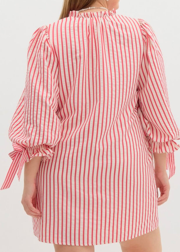 Plus Striped Textured 3/4 Puff Sleeve Dress