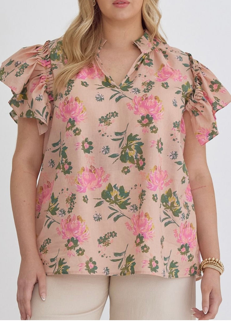 Peach Flower Print Flutter Top