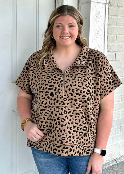 Leopard Knit Zip Up Top