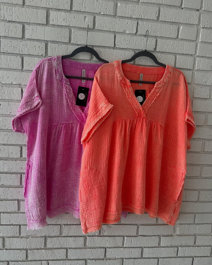 Plus Washed Guaze Raw Edge Shirt