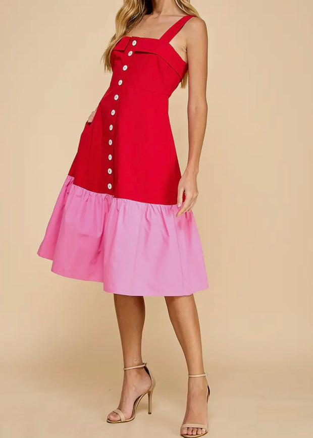 Two Toned Fold Over Neckband Midi Dress