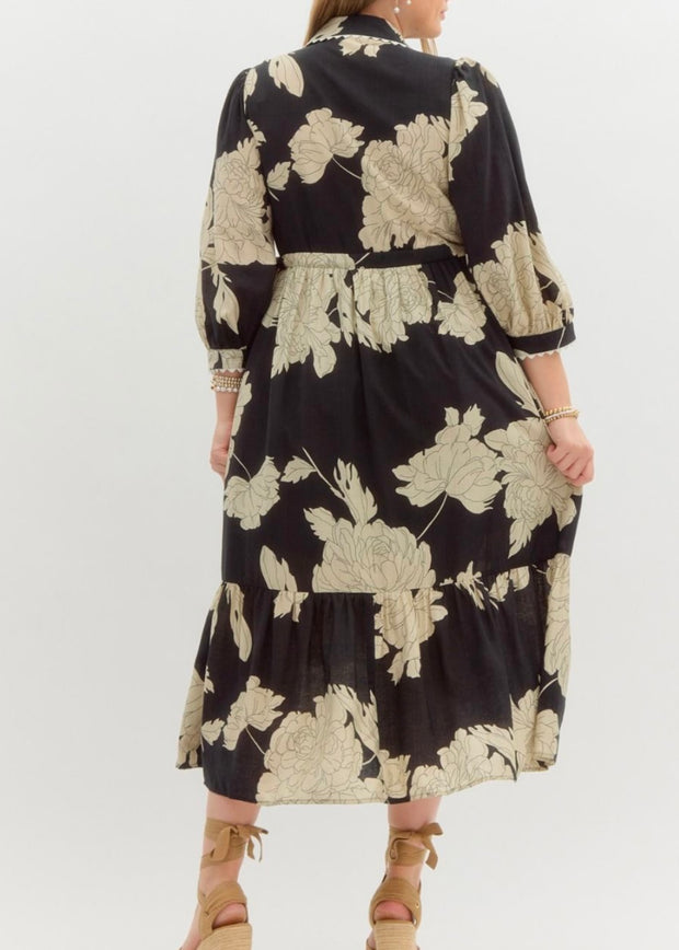 Plus Floral Scalloped Trim Button Up Midi Dress