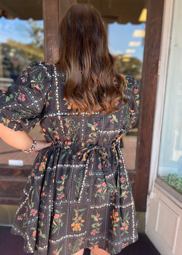 Floral Puff Sleeve Adjustable Waist Dress/Plus