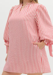 Plus Striped Textured 3/4 Puff Sleeve Dress