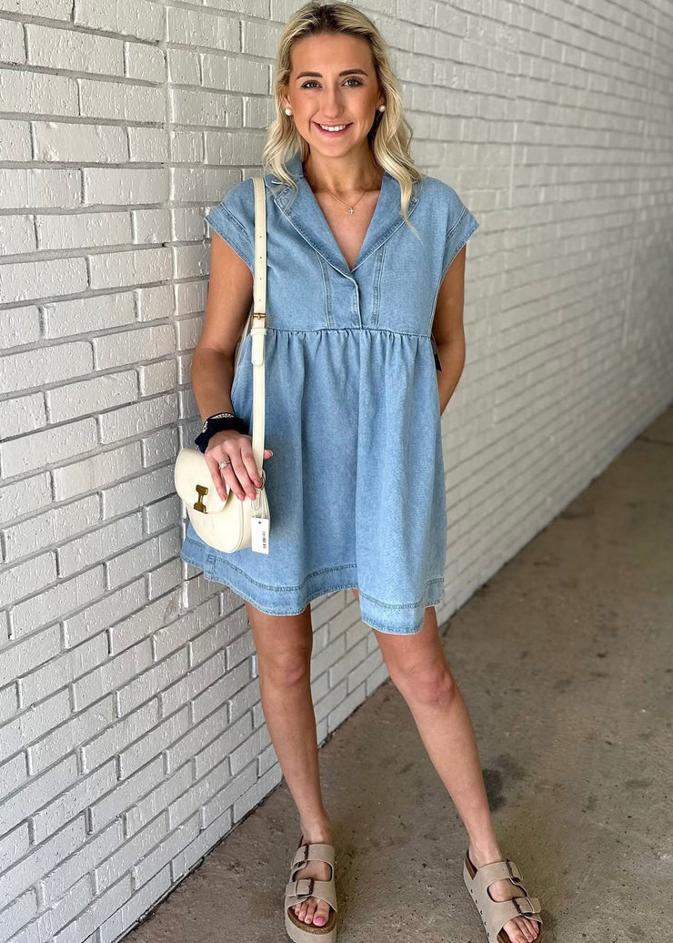 Lapel Neck Denim Babydoll Dress