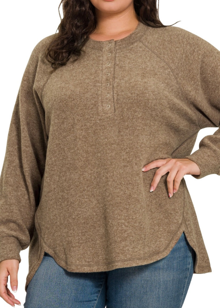 Brushed Hacci Oversized Henley Sweater/Plus