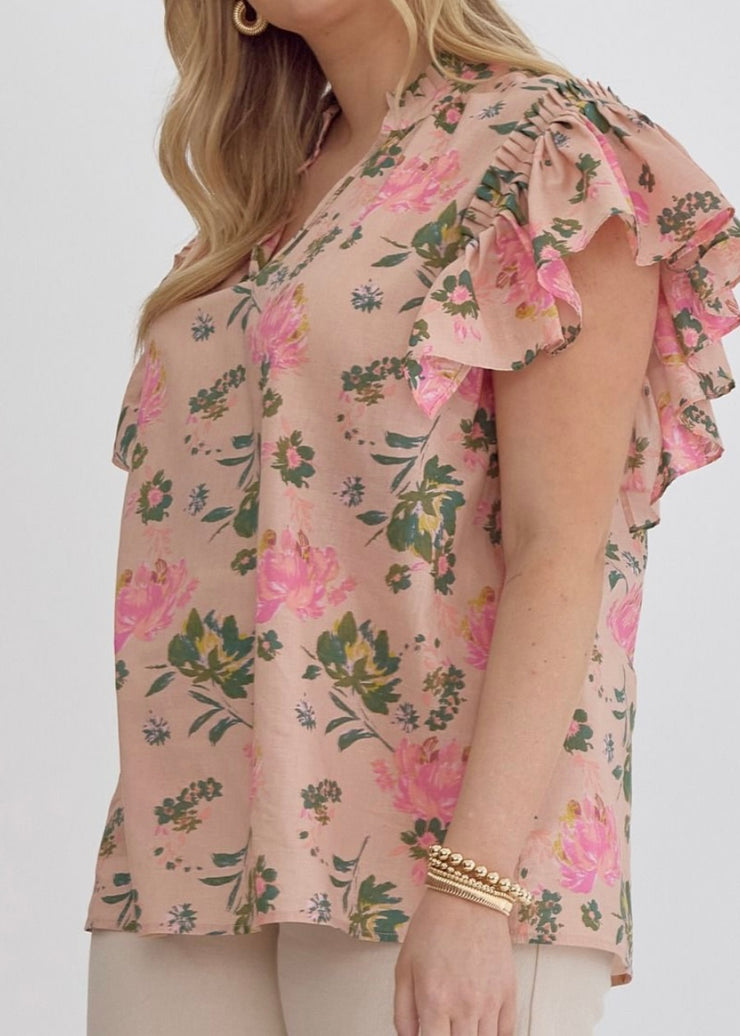 Peach Flower Print Flutter Top