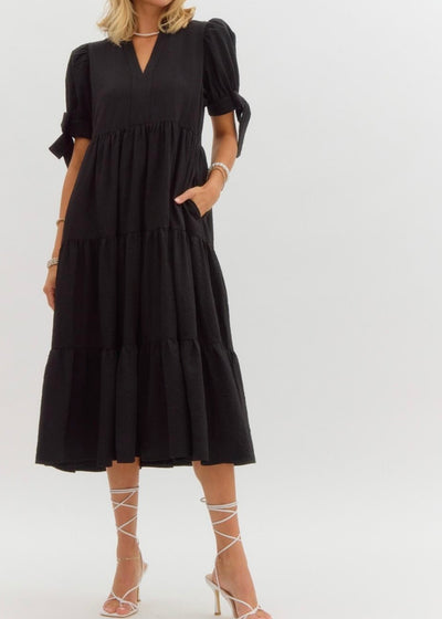 Solid Textured Tiered Midi Dress