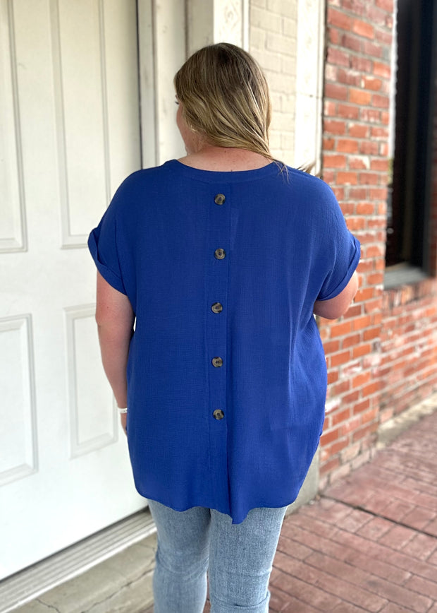 Back Button Cuffed Sleeve Top