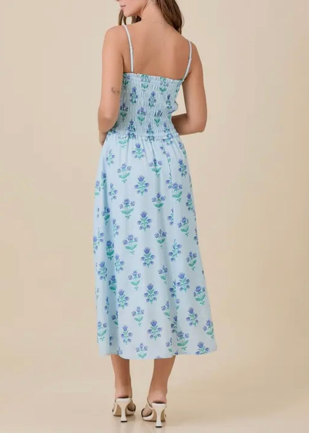 Summer Midi Floral Smocked Dress w/ Side Seam Pocket