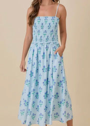 Summer Midi Floral Smocked Dress w/ Side Seam Pocket