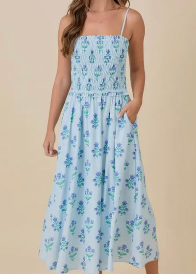 Summer Midi Floral Smocked Dress w/ Side Seam Pocket