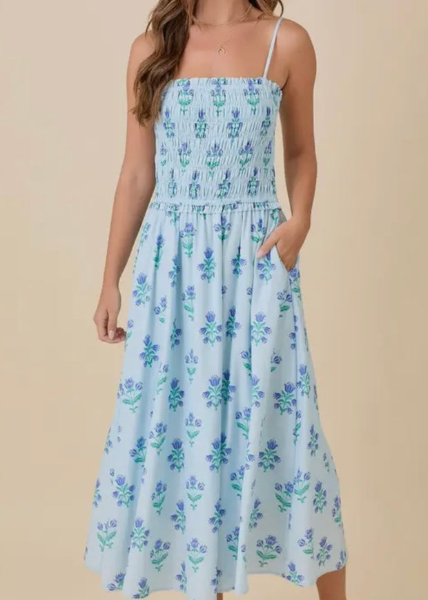 Summer Midi Floral Smocked Dress w/ Side Seam Pocket