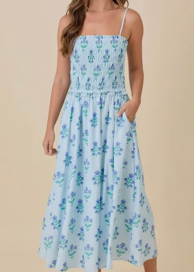 Summer Midi Floral Smocked Dress w/ Side Seam Pocket