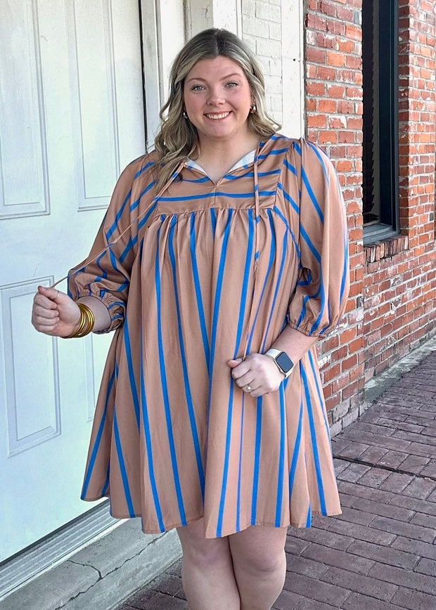 **FINAL SALE** Plus Striped 3/4 Sleeve Babydoll Dress