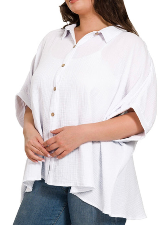 Plus Oversized Gauze Button Down Shirt