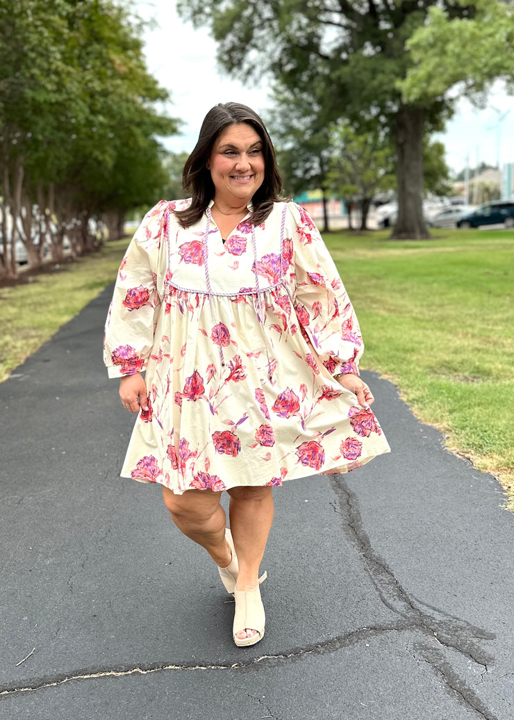 Contrast Piping Floral Babydoll Dress