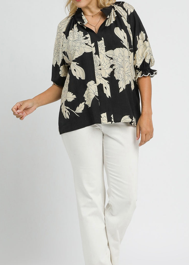 Peony Print Scallop Top/Plus