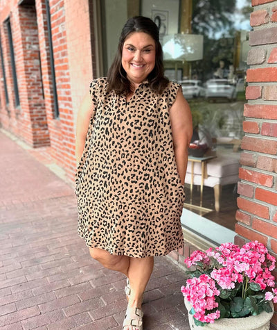 Plus Leopard Print Sleeveless Collared Mini Dress