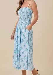 Summer Midi Floral Smocked Dress w/ Side Seam Pocket