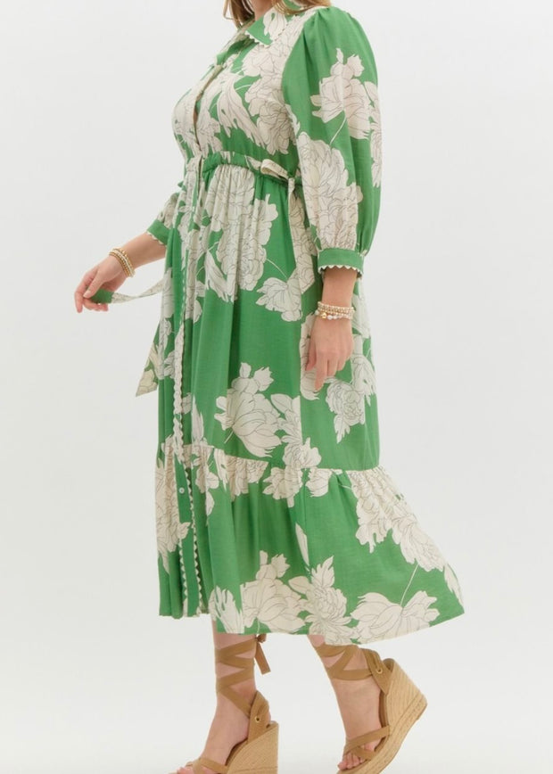 Plus Floral Scalloped Trim Button Up Midi Dress