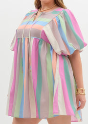 Plus MultiColor Striped Bubble Sleeve Babydoll Dress