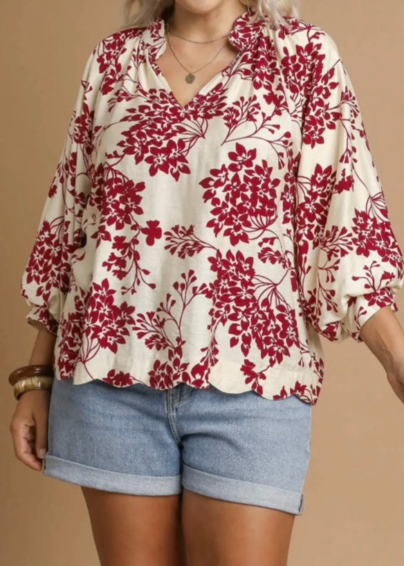Cherry Blossom Scallop Blouse/Plus