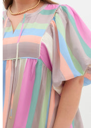 Plus MultiColor Striped Bubble Sleeve Babydoll Dress