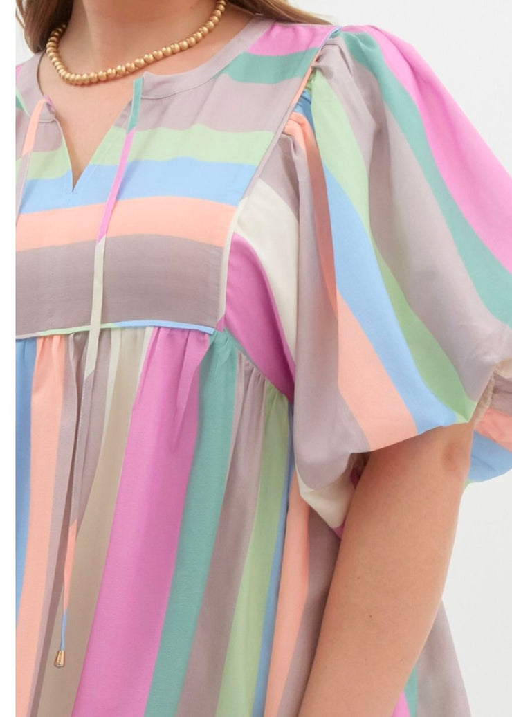 Plus MultiColor Striped Bubble Sleeve Babydoll Dress