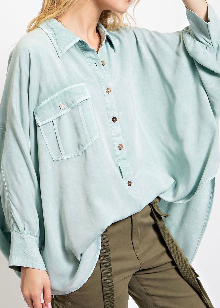 Plus Washed Dolman Sleeve ButtonDown Top
