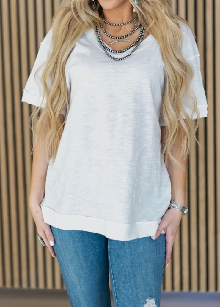 Raw Edge Cotton Vneck Tee