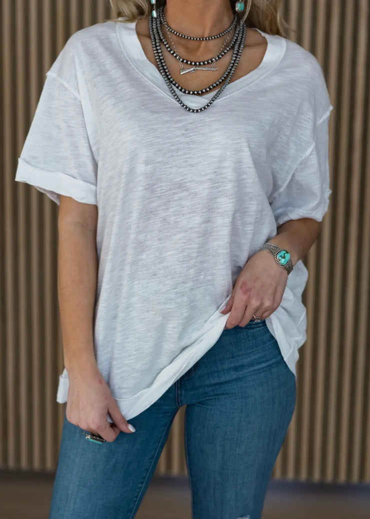 Raw Edge Cotton Vneck Tee