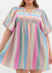 Plus MultiColor Striped Bubble Sleeve Babydoll Dress