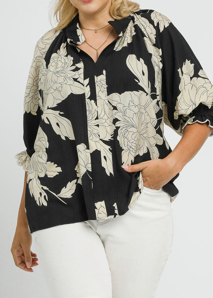 Peony Print Scallop Top/Plus