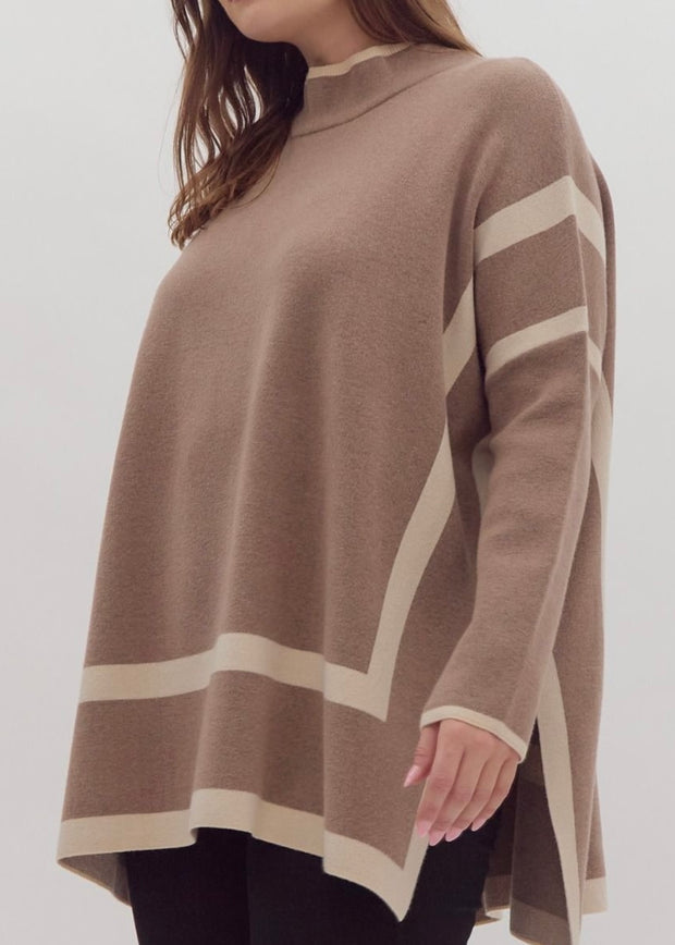 Two Toned Long Sleeve MockNeck Knit Sweater