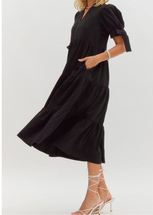 Solid Textured Tiered Midi Dress