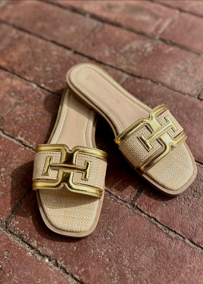 Leather Line Raffia Slip On Sandal