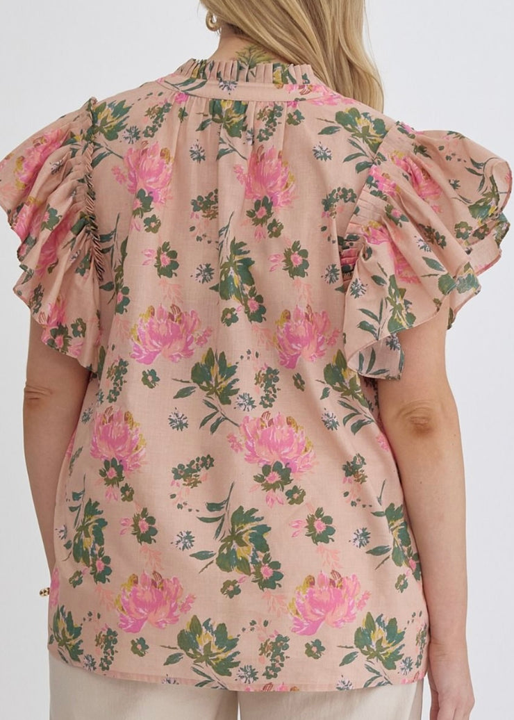 Peach Flower Print Flutter Top