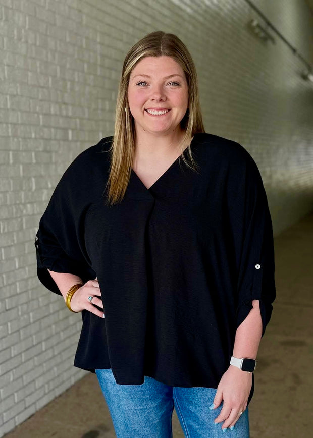 Vneck Half Sleeve Placket Top w/ Button Sleeves