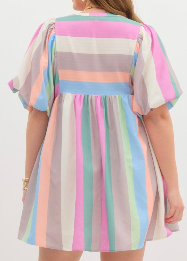 Plus MultiColor Striped Bubble Sleeve Babydoll Dress