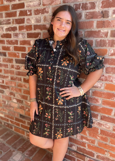 Floral Puff Sleeve Adjustable Waist Dress/Plus