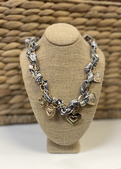 Heart & Flower Charm Chain Braided Scarf Necklace/Champagne & Grey