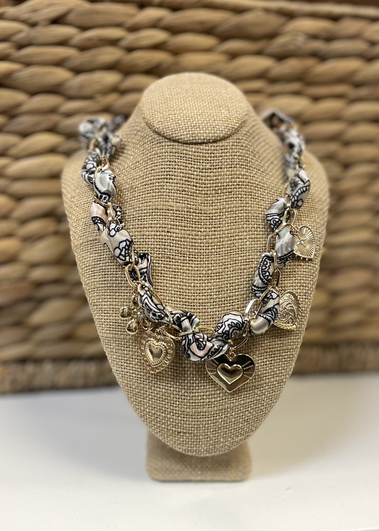 Heart & Flower Charm Chain Braided Scarf Necklace/Champagne & Grey