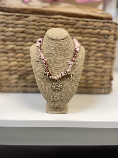 Cross & Sun Charm Chain Braided Scarf Necklace/Red Brown