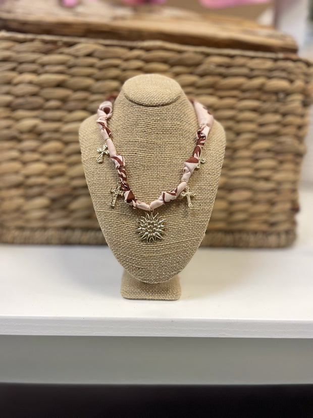 Cross & Sun Charm Chain Braided Scarf Necklace/Red Brown