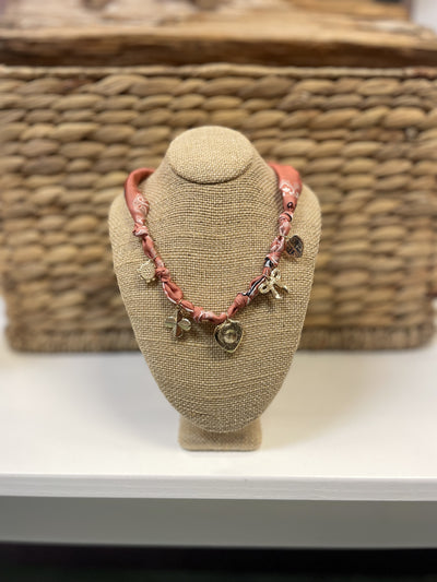 Enamel Heart & Ribbon Bow Charm Knotted Scarf Necklace/Mauve