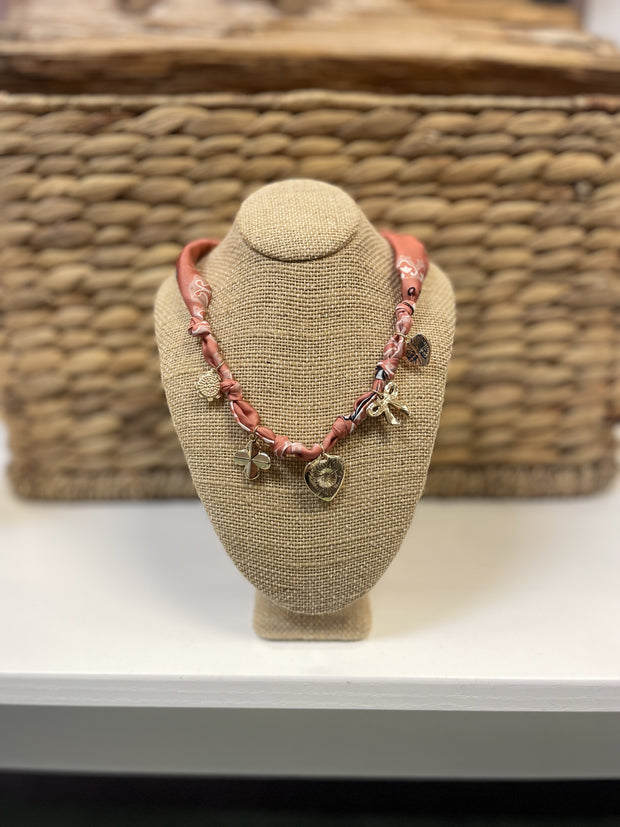 Enamel Heart & Ribbon Bow Charm Knotted Scarf Necklace/Mauve