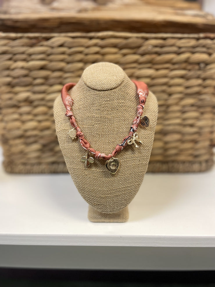 Enamel Heart & Ribbon Bow Charm Knotted Scarf Necklace/Mauve