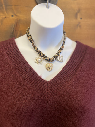 Pearl, Heart, & Sun Charm Leopard Braided Scarf Necklace